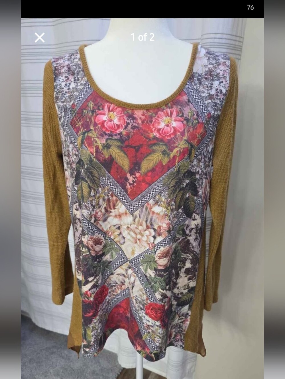 One World Floral Print Long Sleeve Tunic Top Size L